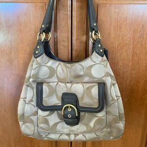 Coach Beige Signature Canvas Shoulder Bag with Brown Trim